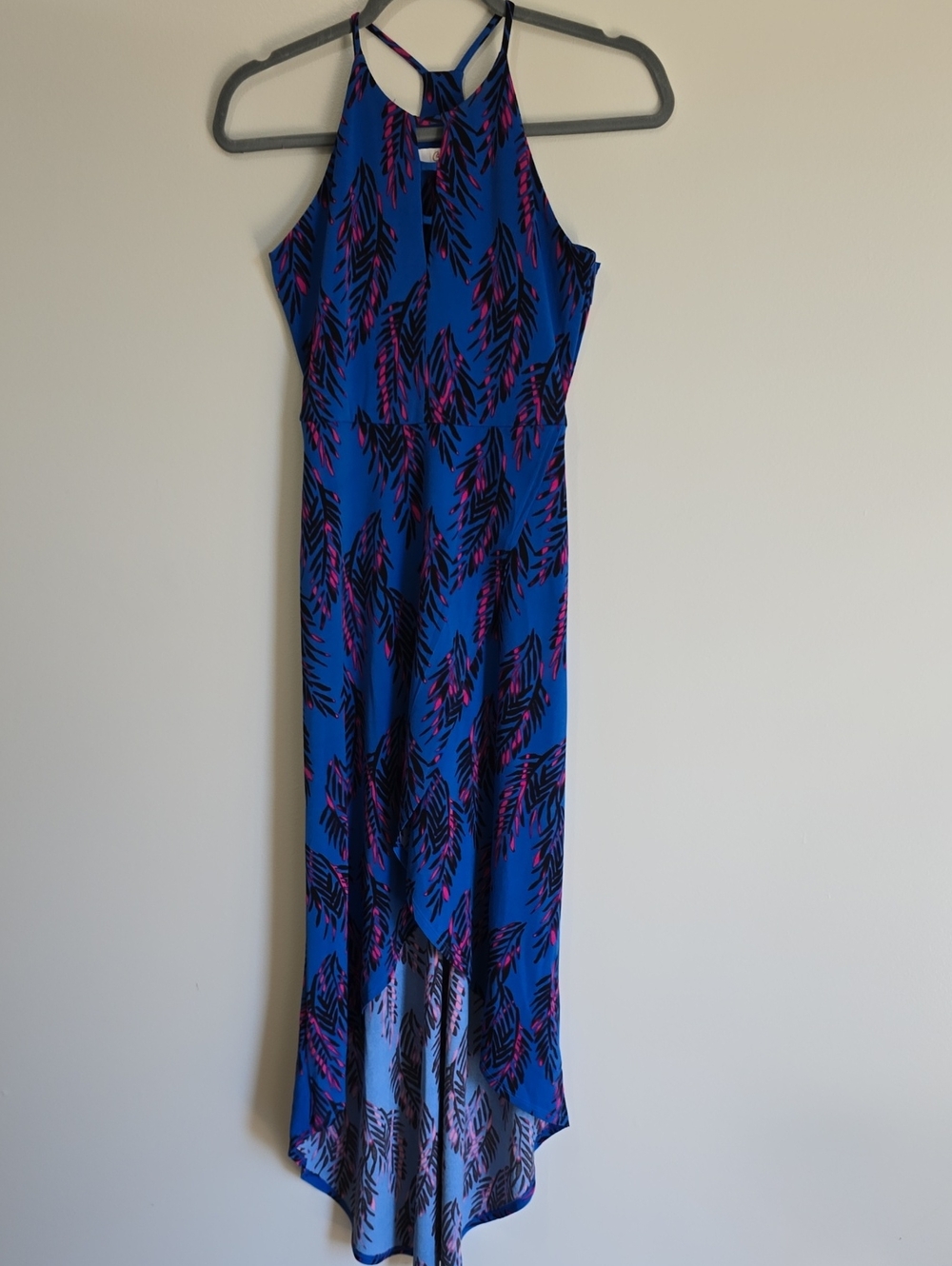 Candie's Y2K Blue Halter High-Low Maxi Dress with Pink & Black Leaf Print Sz XS